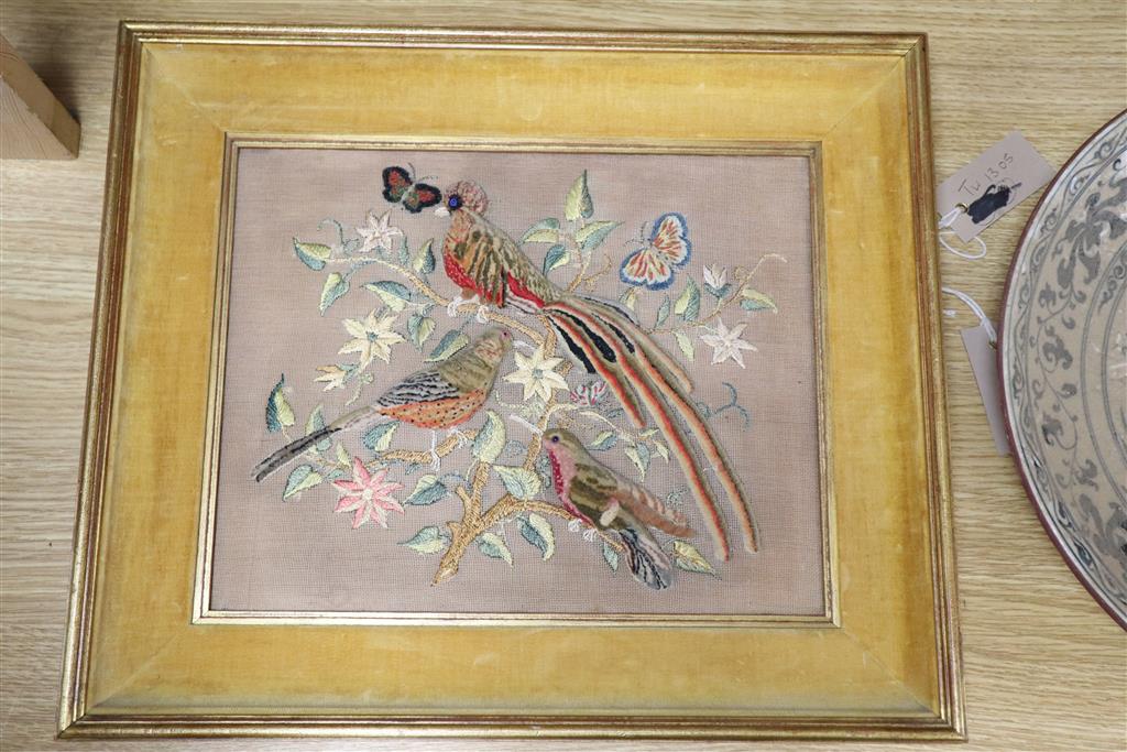 A Victorian stumpwork picture of Hummingbirds 24.25 x 30.5cm